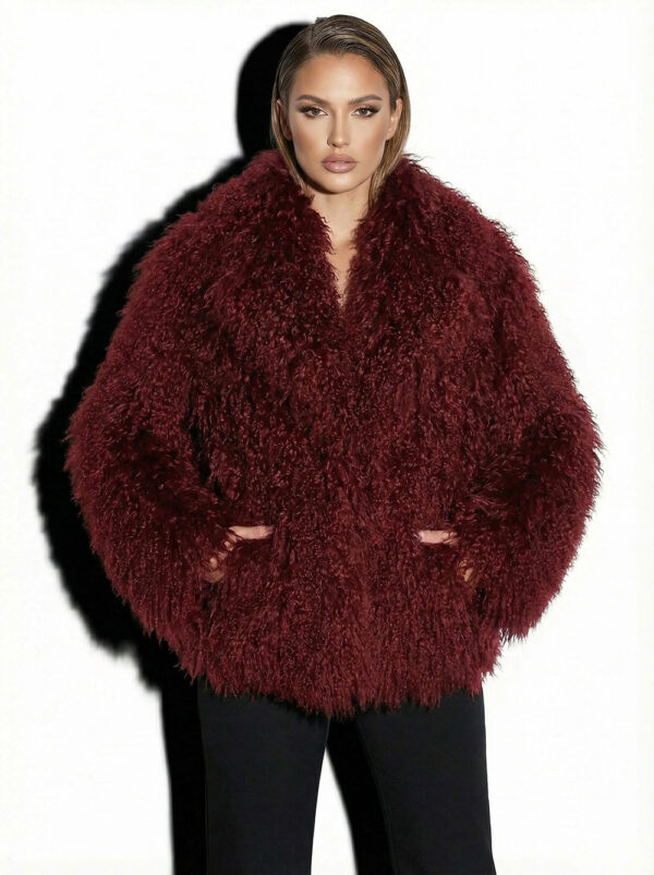 Bordeaux Luxurious Mongolian Lamb Fur Jacket | Burgundy Curly Sheepskin Shaggy Natural Tibetan Winter Coat