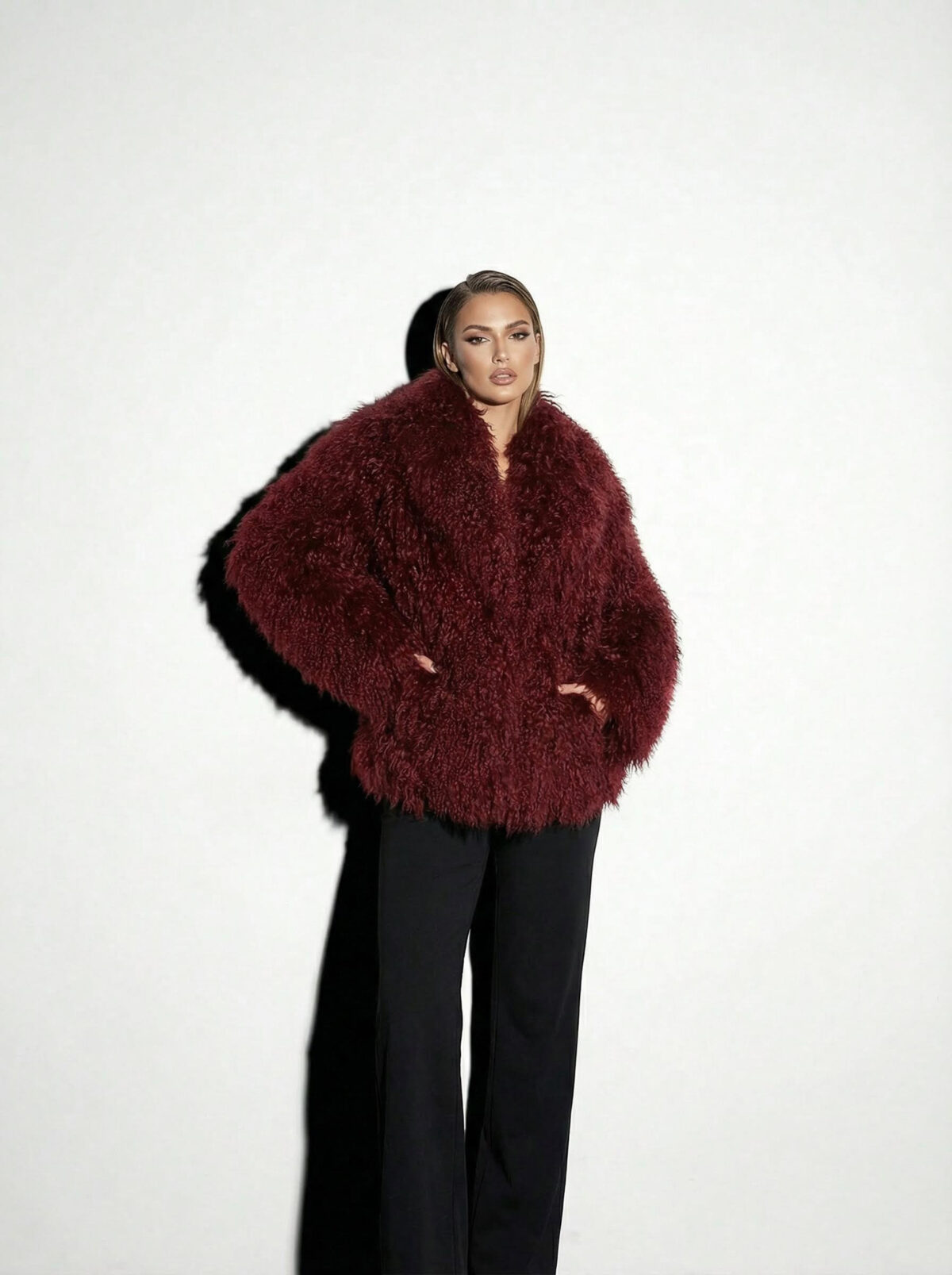 Bordeaux Luxurious Mongolian Lamb Fur Jacket | Burgundy Curly Sheepskin Shaggy Natural Tibetan Winter Coat