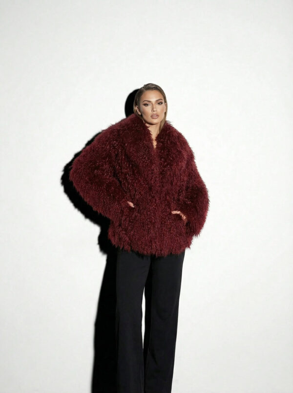Bordeaux Luxurious Mongolian Lamb Fur Jacket | Burgundy Curly Sheepskin Shaggy Natural Tibetan Winter Coat
