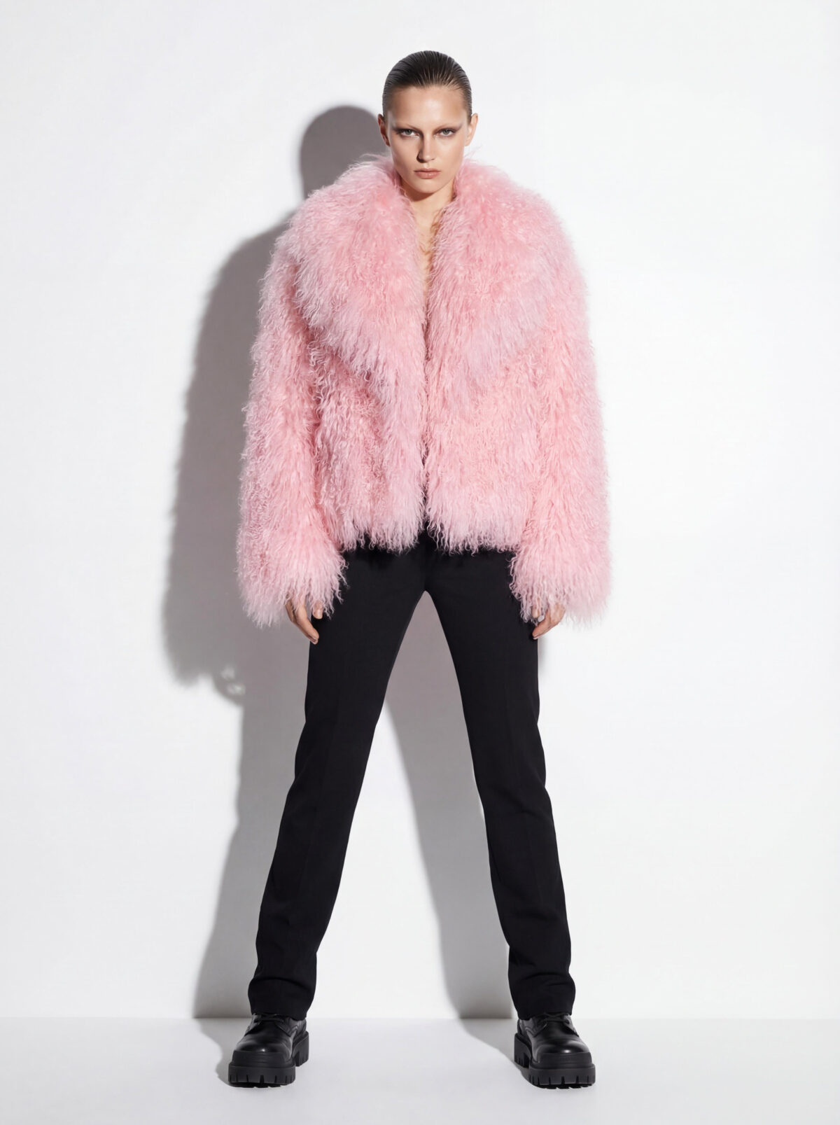 Pink Luxurious Mongolian Lamb Fur Jacket | Curly Sheepskin Shaggy Natural Tibetan Winter Coat