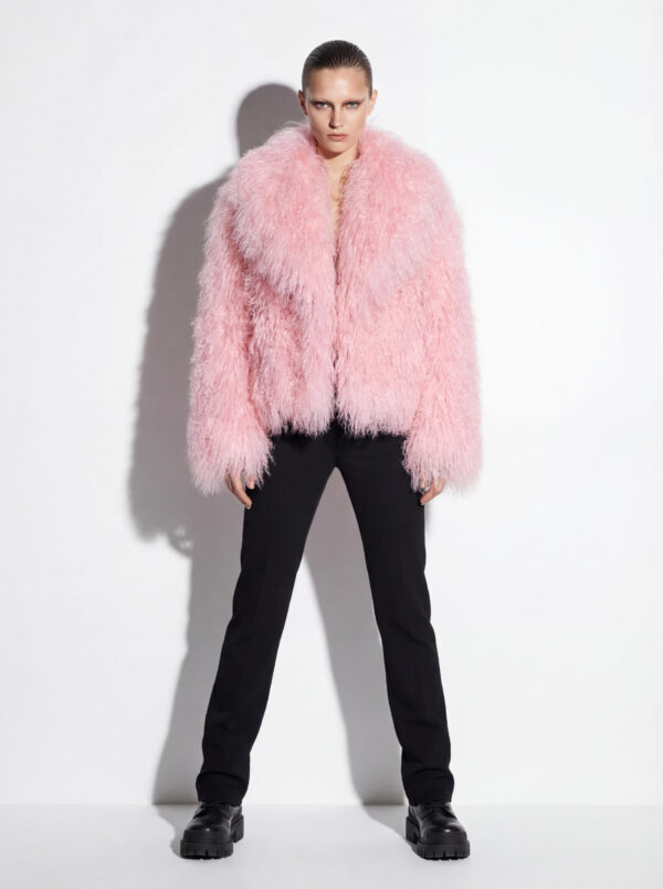 Pink Luxurious Mongolian Lamb Fur Jacket | Curly Sheepskin Shaggy Natural Tibetan Winter Coat