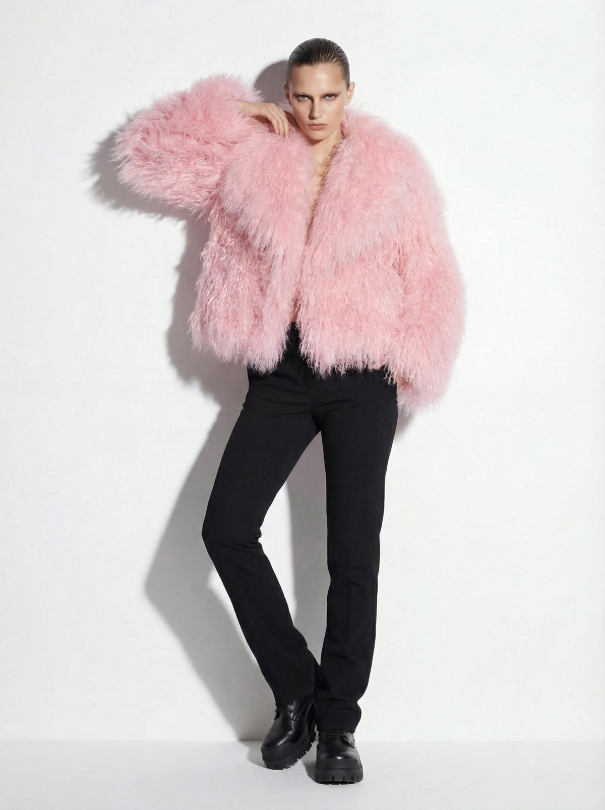 Pink Luxurious Mongolian Lamb Fur Jacket | Curly Sheepskin Shaggy Natural Tibetan Winter Coat