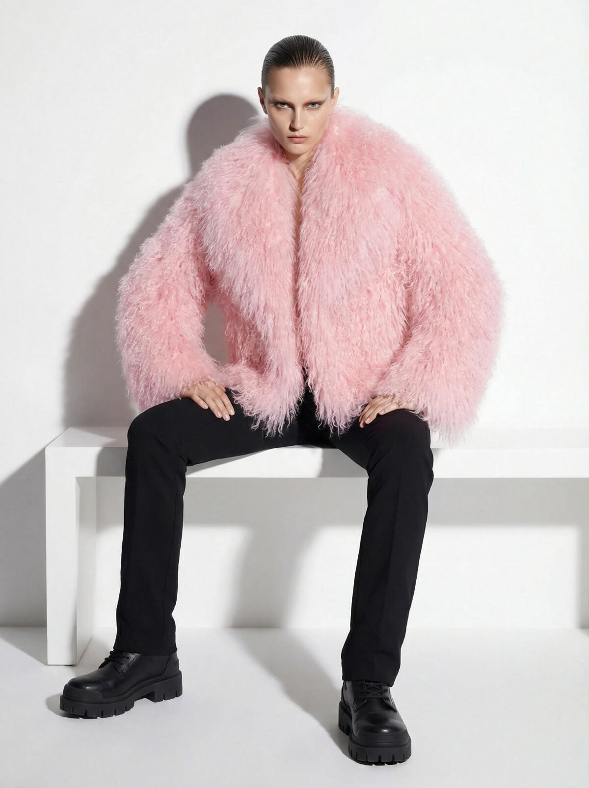 Pink Luxurious Mongolian Lamb Fur Jacket | Curly Sheepskin Shaggy Natural Tibetan Winter Coat