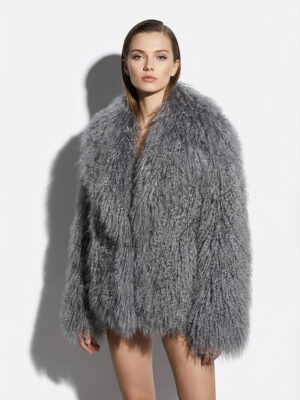 Grey Luxurious Mongolian Lamb Fur Jacket | Gray Curly Sheepskin Shaggy Natural Tibetan Winter Coat