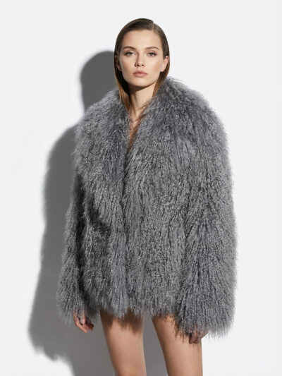 Grey Luxurious Mongolian Lamb Fur Jacket | Gray Curly Sheepskin Shaggy Natural Tibetan Winter Coat