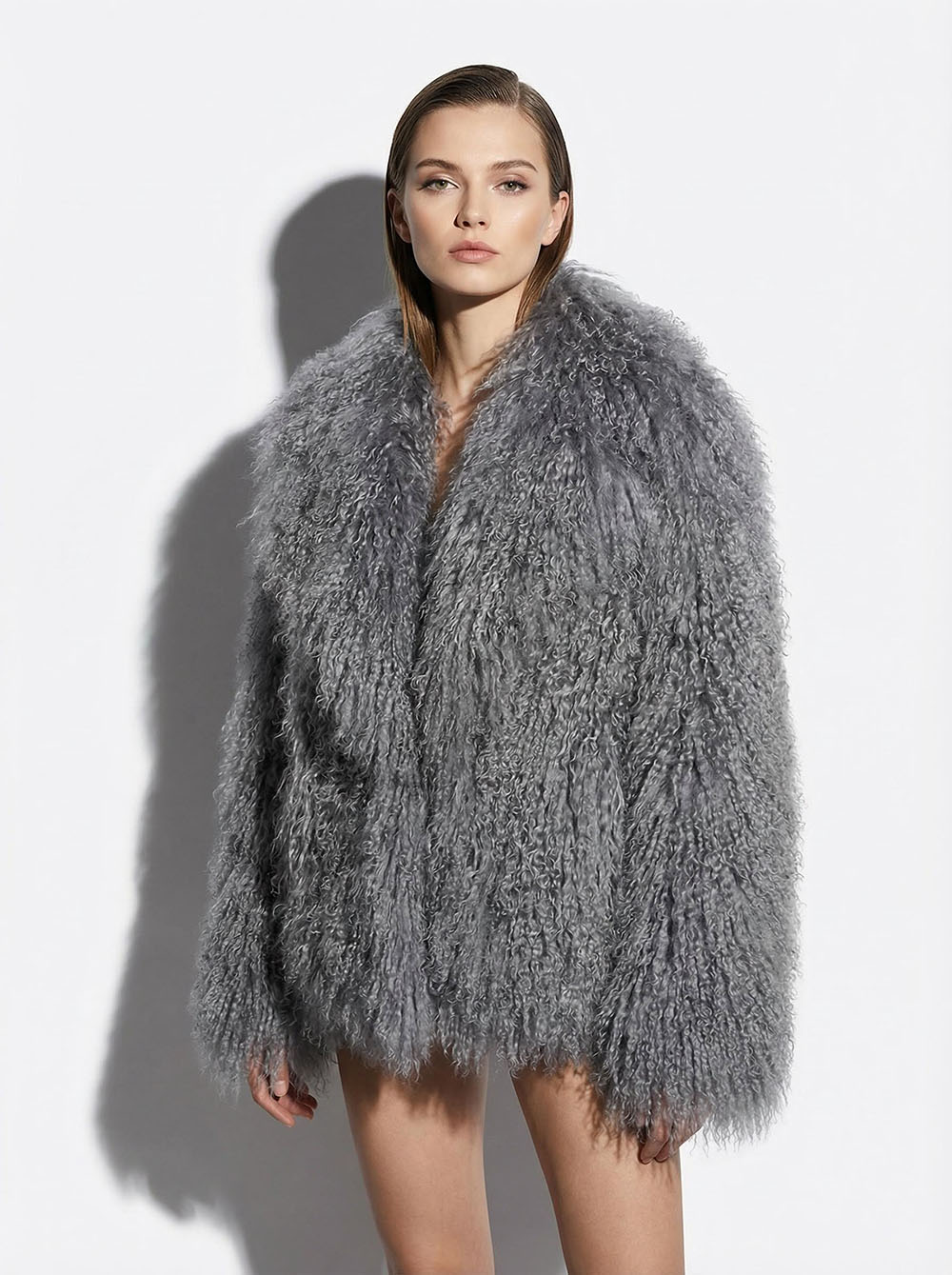 Grey Luxurious Mongolian Lamb Fur Jacket | Gray Curly Sheepskin Shaggy Natural Tibetan Winter Coat