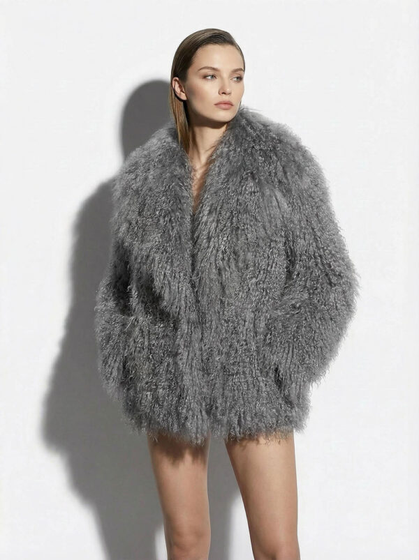 Grey Luxurious Mongolian Lamb Fur Jacket | Gray Curly Sheepskin Shaggy Natural Tibetan Winter Coat