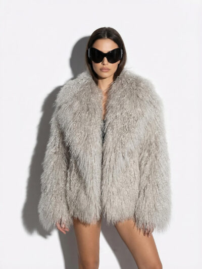 Beige Luxurious Mongolian Lamb Fur Jacket | Gray Curly Sheepskin Shaggy Natural Tibetan Winter Coat