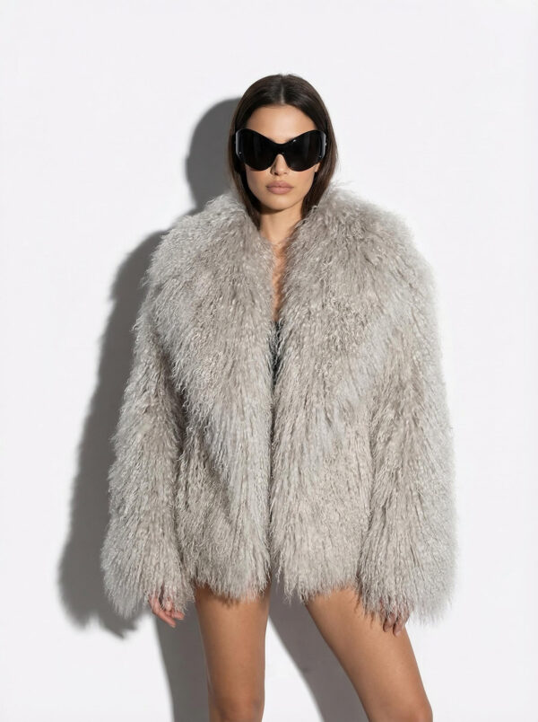 Beige Luxurious Mongolian Lamb Fur Jacket | Gray Curly Sheepskin Shaggy Natural Tibetan Winter Coat