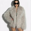 Beige Luxurious Mongolian Lamb Fur Jacket | Gray Curly Sheepskin Shaggy Natural Tibetan Winter Coat