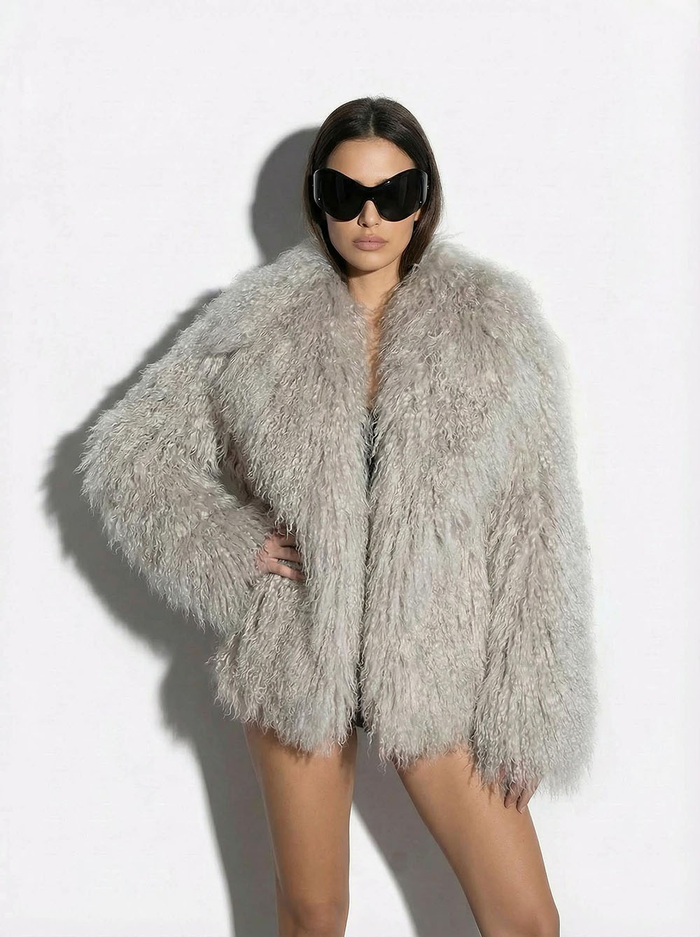 Beige Luxurious Mongolian Lamb Fur Jacket | Gray Curly Sheepskin Shaggy Natural Tibetan Winter Coat