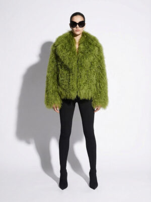Green Luxurious Mongolian Lamb Fur Jacket | Curly Sheepskin Shaggy Natural Tibetan Winter Coat