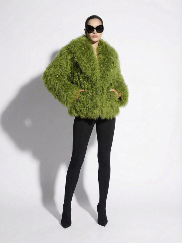 Green Luxurious Mongolian Lamb Fur Jacket | Curly Sheepskin Shaggy Natural Tibetan Winter Coat