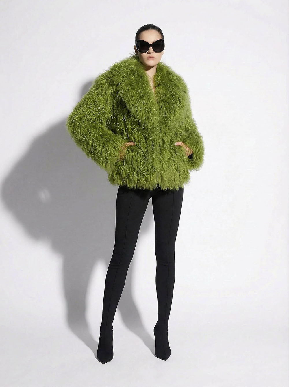 Green Luxurious Mongolian Lamb Fur Jacket | Curly Sheepskin Shaggy Natural Tibetan Winter Coat