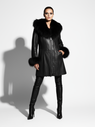 Raccoon Fur Hooded Shearling Overcoat: Women's Black Fur Coat