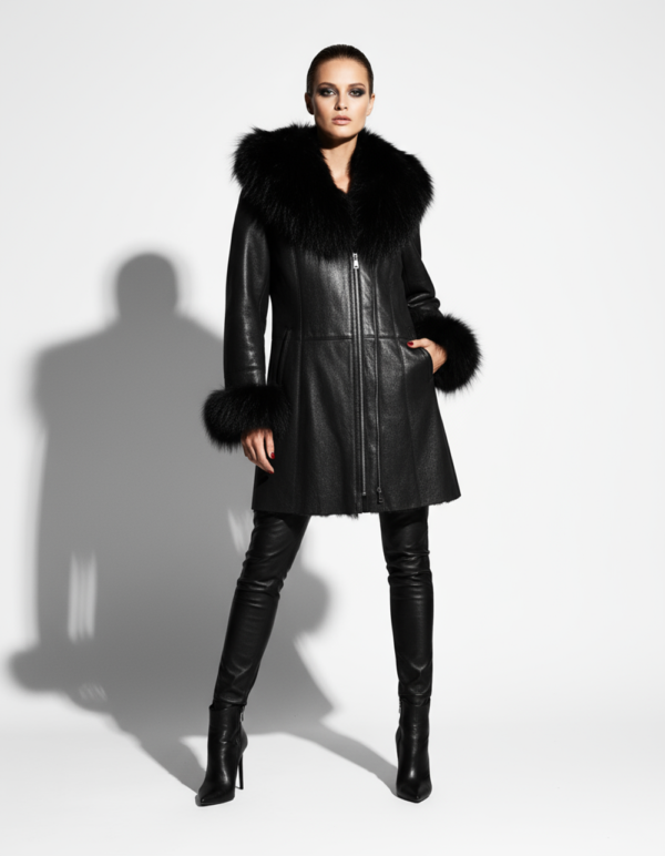 Raccoon Fur Hooded Shearling Overcoat: Women's Black Fur Coat