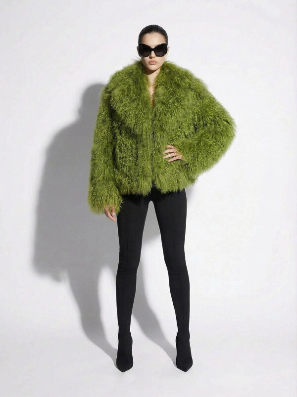 Green Luxurious Mongolian Lamb Fur Jacket | Curly Sheepskin Shaggy Natural Tibetan Winter Coat