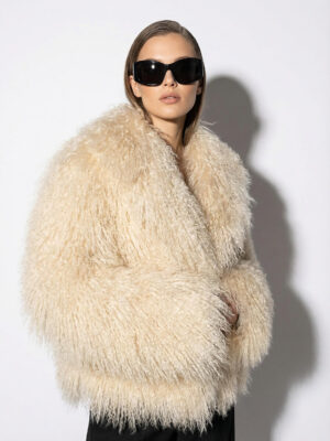 Sand Beige Luxurious Mongolian Lamb Fur Jacket | Curly Sheepskin Shaggy Natural Tibetan Winter Coat