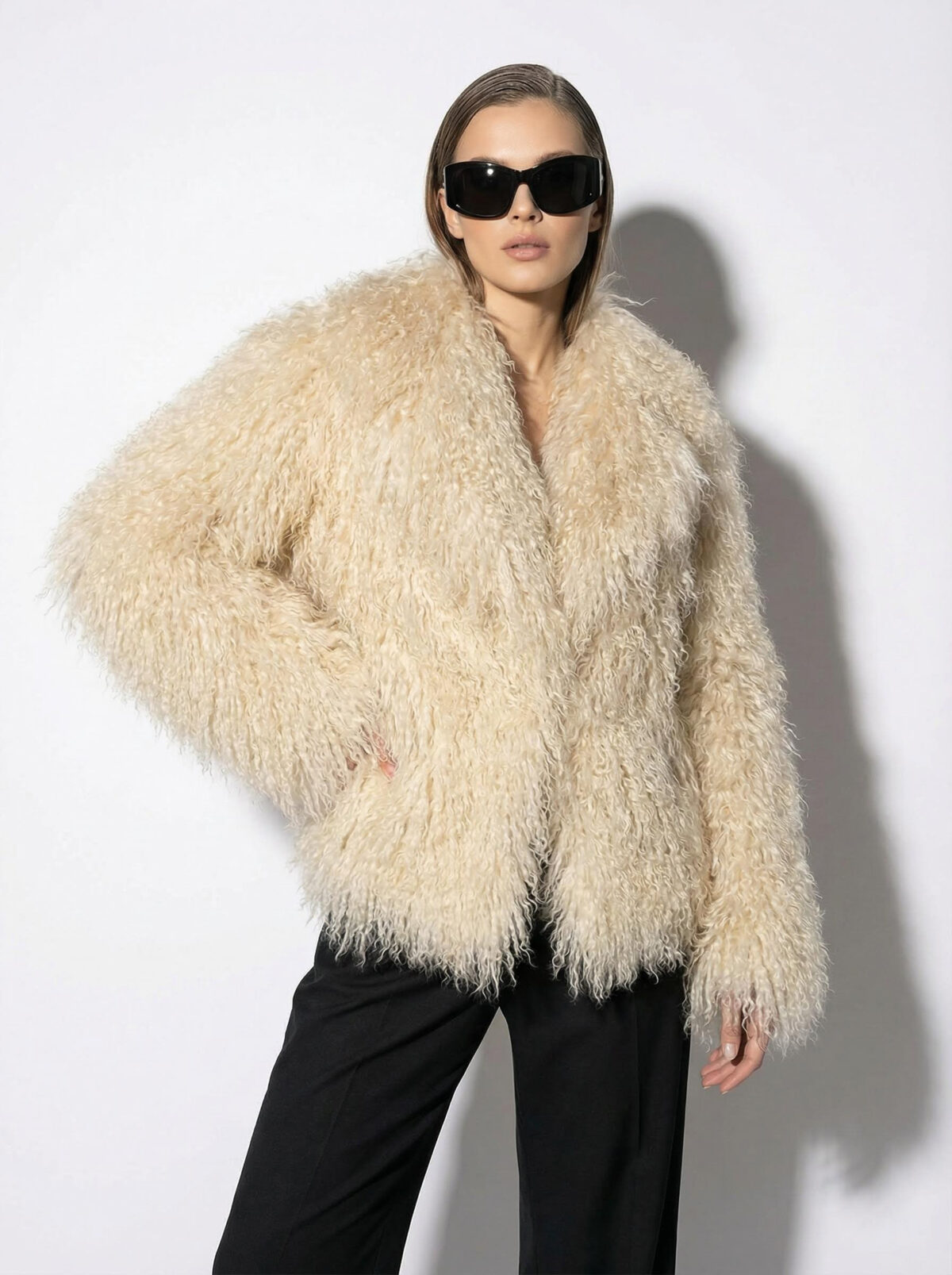 Sand Beige Luxurious Mongolian Lamb Fur Jacket | Curly Sheepskin Shaggy Natural Tibetan Winter Coat