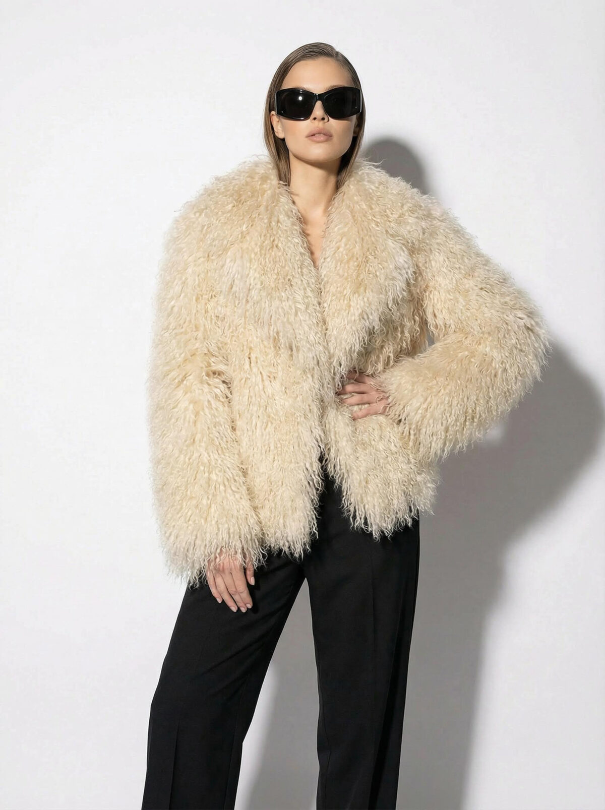 Sand Beige Luxurious Mongolian Lamb Fur Jacket | Curly Sheepskin Shaggy Natural Tibetan Winter Coat