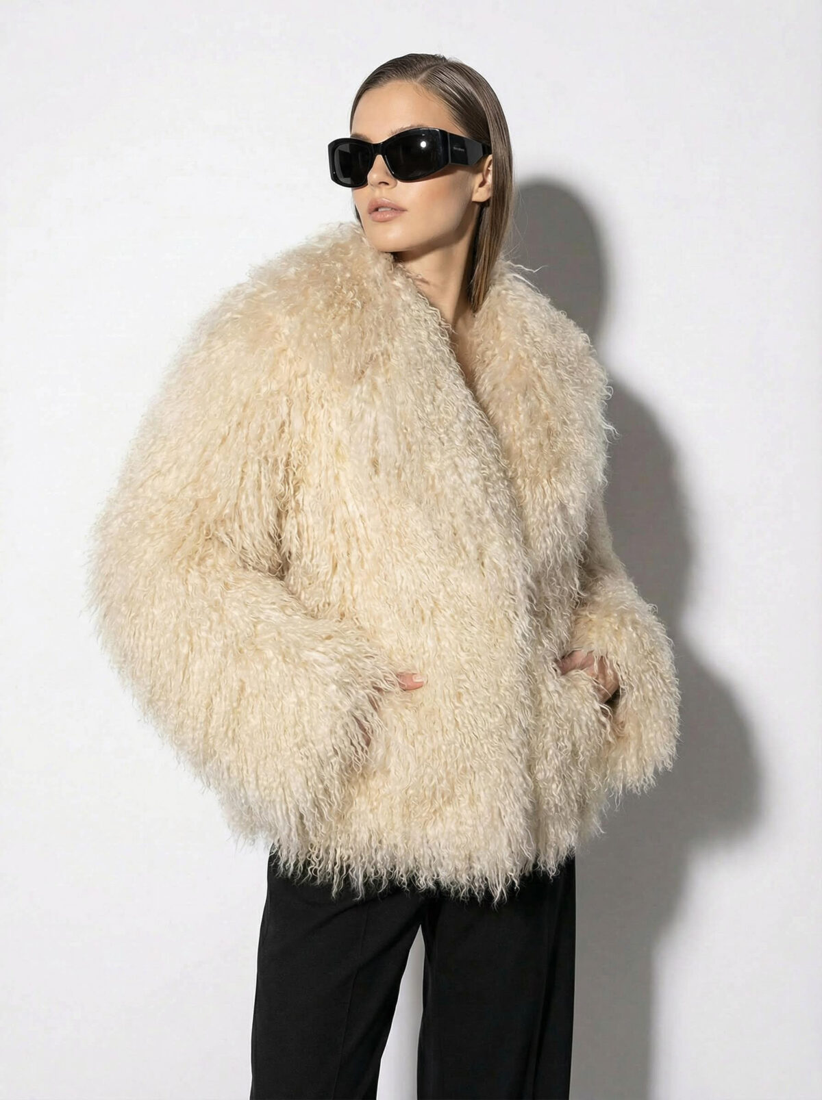 Sand Beige Luxurious Mongolian Lamb Fur Jacket | Curly Sheepskin Shaggy Natural Tibetan Winter Coat