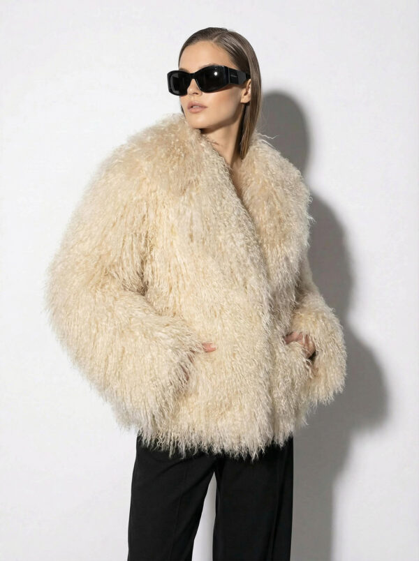 Sand Beige Luxurious Mongolian Lamb Fur Jacket | Curly Sheepskin Shaggy Natural Tibetan Winter Coat