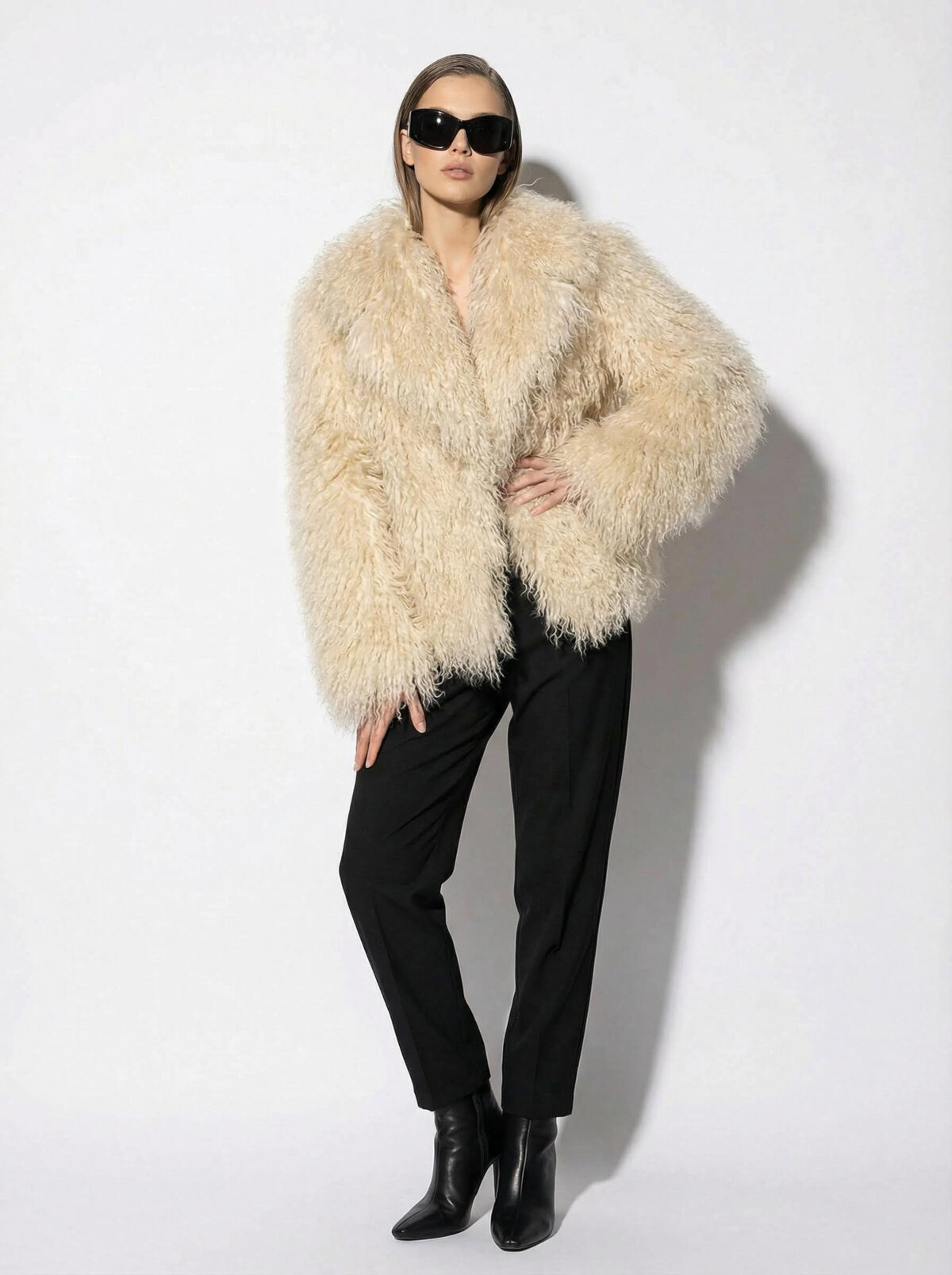 Sand Beige Luxurious Mongolian Lamb Fur Jacket | Curly Sheepskin Shaggy Natural Tibetan Winter Coat
