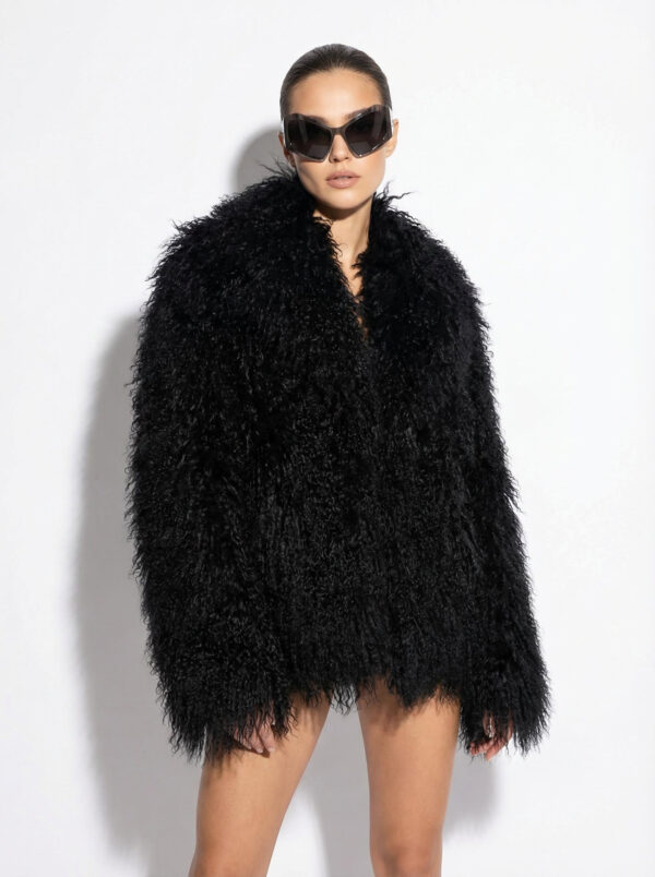 Black Luxurious Mongolian Lamb Fur Jacket | Curly Sheepskin Shaggy Natural Tibetan Winter Coat