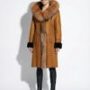 Genuine Fox Fur Trim Real Shearling Sheep Skin Long Overcoat Tan Fur Coat