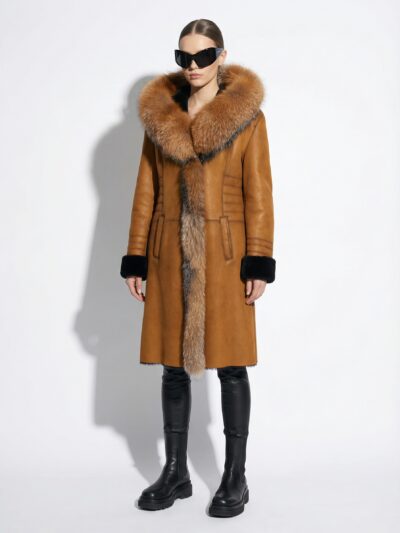 Genuine Fox Fur Trim Real Shearling Sheep Skin Long Overcoat Tan Fur Coat
