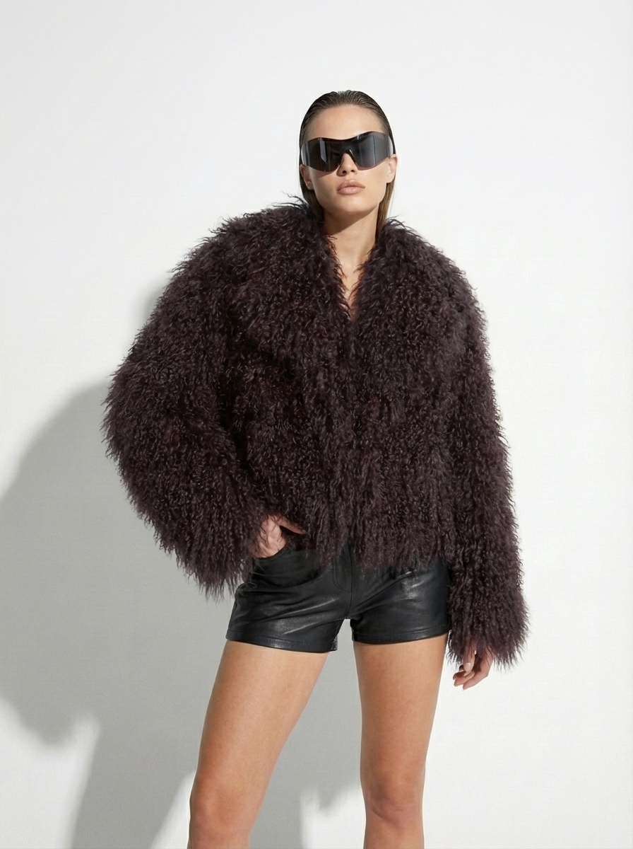 Brown Luxurious Mongolian Lamb Fur Jacket | Curly Sheepskin Shaggy Natural Tibetan Winter Coat