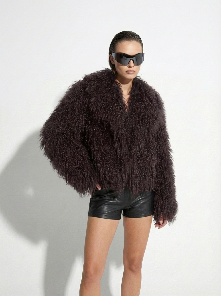 Brown Luxurious Mongolian Lamb Fur Jacket | Curly Sheepskin Shaggy Natural Tibetan Winter Coat