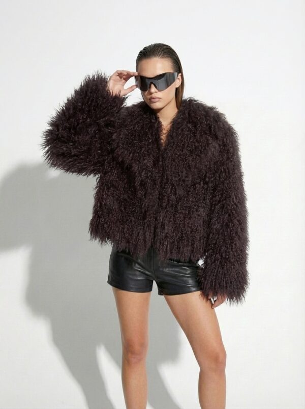 Brown Luxurious Mongolian Lamb Fur Jacket | Curly Sheepskin Shaggy Natural Tibetan Winter Coat
