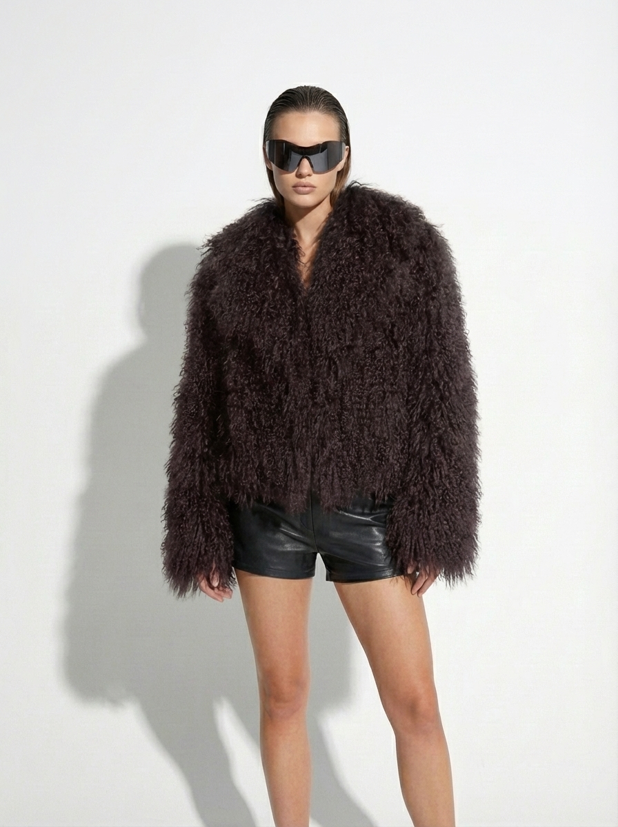 Brown Luxurious Mongolian Lamb Fur Jacket | Curly Sheepskin Shaggy Natural Tibetan Winter Coat