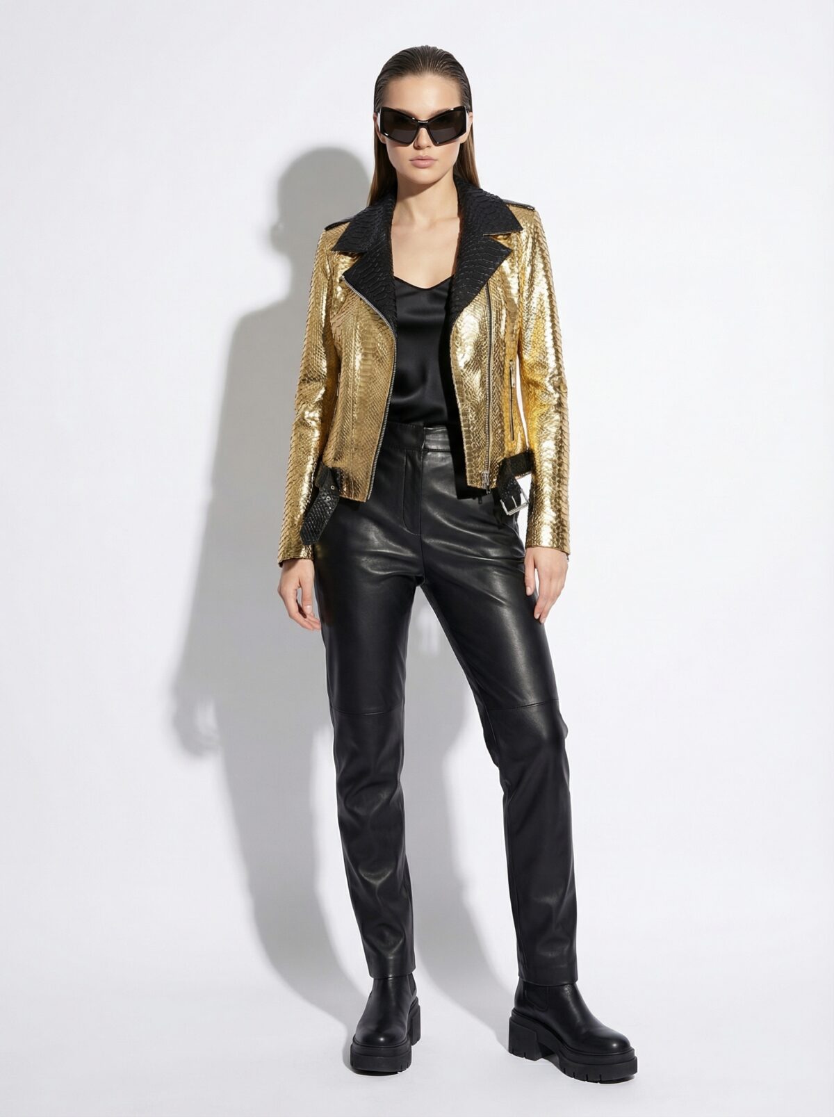 Genuine Python Leather Women's Golden Yellow Black Motorcycle Biker Jacket