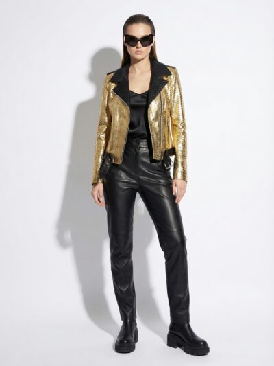 Genuine Python Leather Women's Golden Yellow Black Motorcycle Biker Jacket