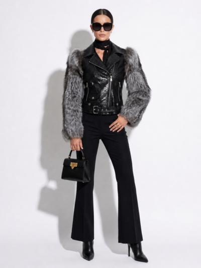 Black Python Moto Jacket with Fox Fur Trim