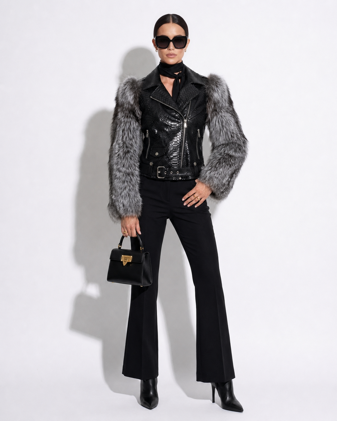 381 Black Python Moto Jacket with Fox Fur Trim