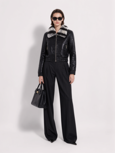 Crocodile-Embossed Lambskin Bomber with Rex Rabbit Fur Trim