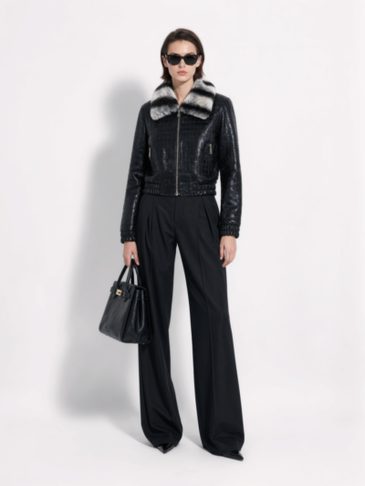 Crocodile-Embossed Lambskin Bomber with Rex Rabbit Fur Trim