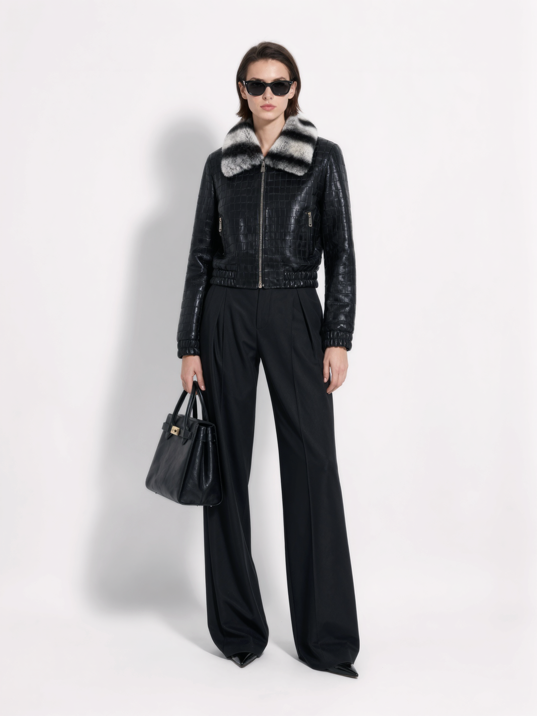 Crocodile-Embossed Lambskin Bomber with Rex Rabbit Fur Trim
