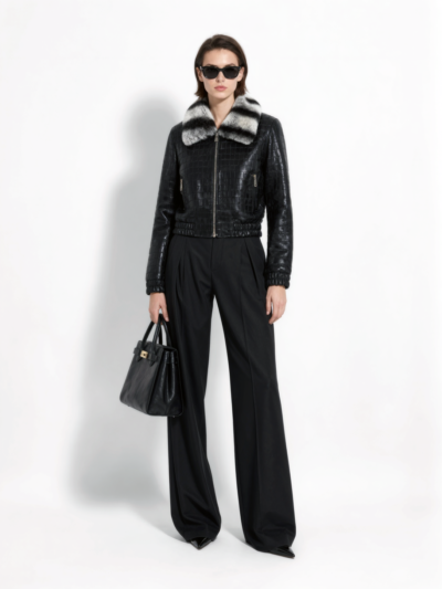 Crocodile-Embossed Lambskin Bomber with Rex Rabbit Fur Trim