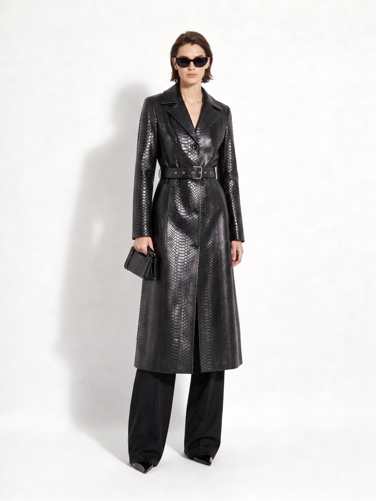 Belted Black Python Long Overcoat