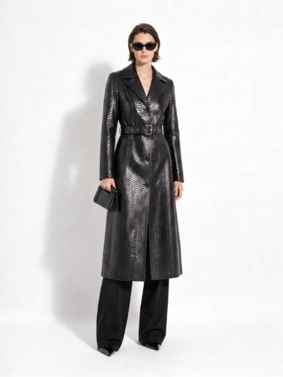 Belted Black Python Long Overcoat