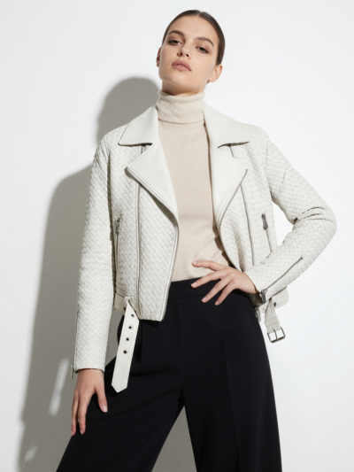 Hand-Woven White Lambskin Biker Jacket