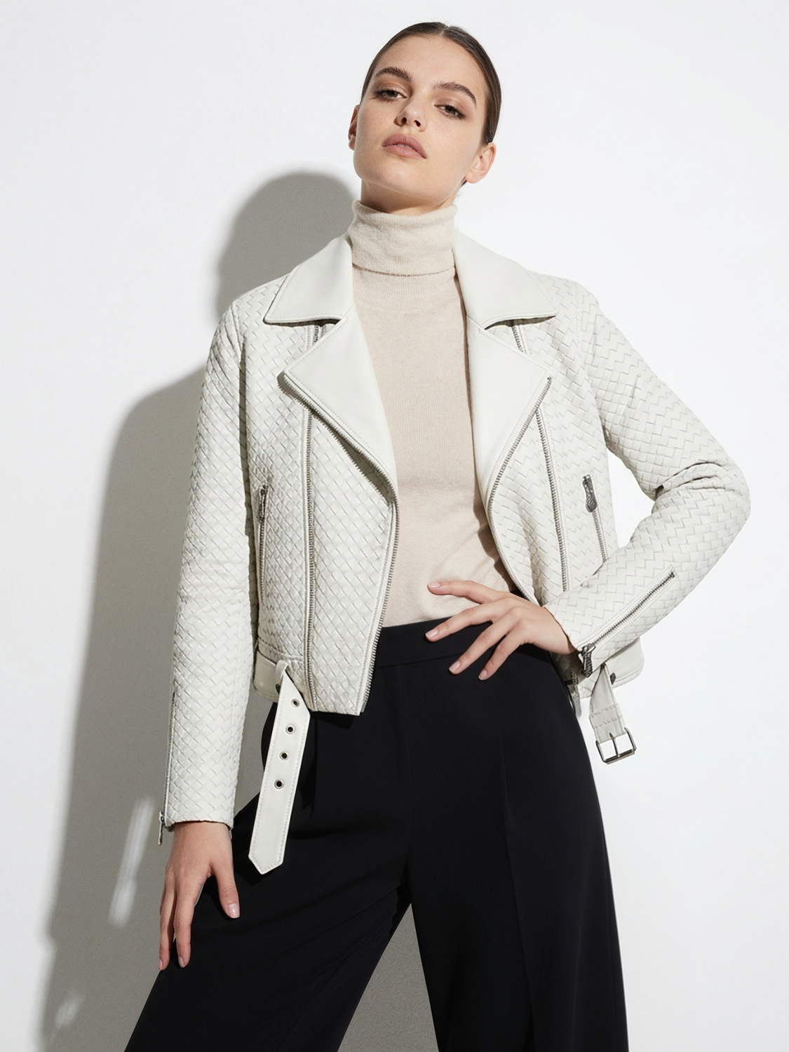 Hand-Woven White Lambskin Biker Jacket