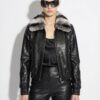 Crocodile Embossed Lambskin Bomber Jacket with Rex Rabbit Fur Collar