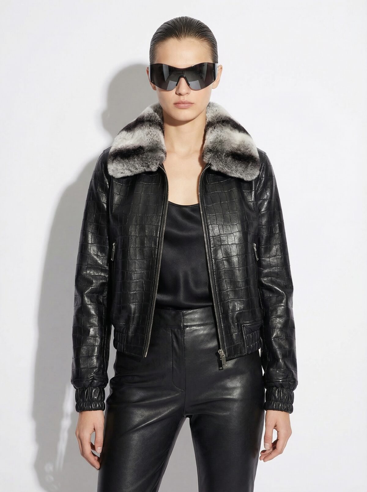 Crocodile Embossed Lambskin Bomber Jacket with Rex Rabbit Fur Collar