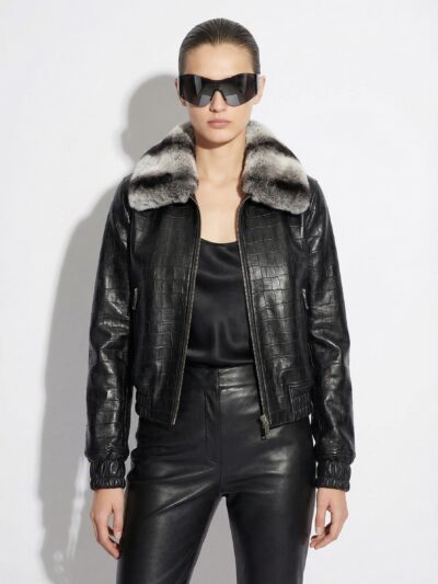 Crocodile Embossed Lambskin Bomber Jacket with Rex Rabbit Fur Collar