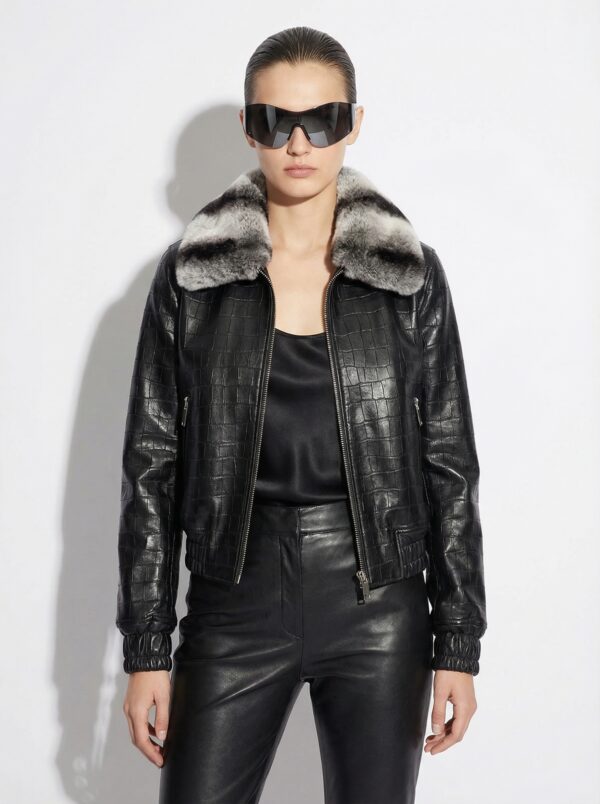 Crocodile Embossed Lambskin Bomber Jacket with Rex Rabbit Fur Collar